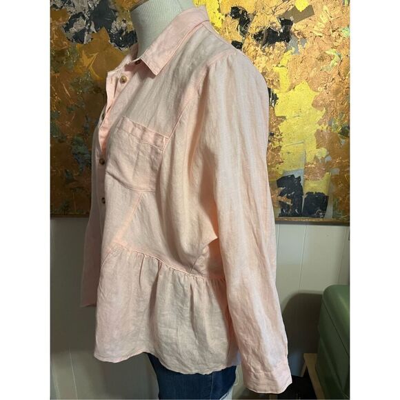 Anthropologie Holding Horses Linen McKenzie Pink Peplum Button Down Shirt oversi - Picture 7 of 12